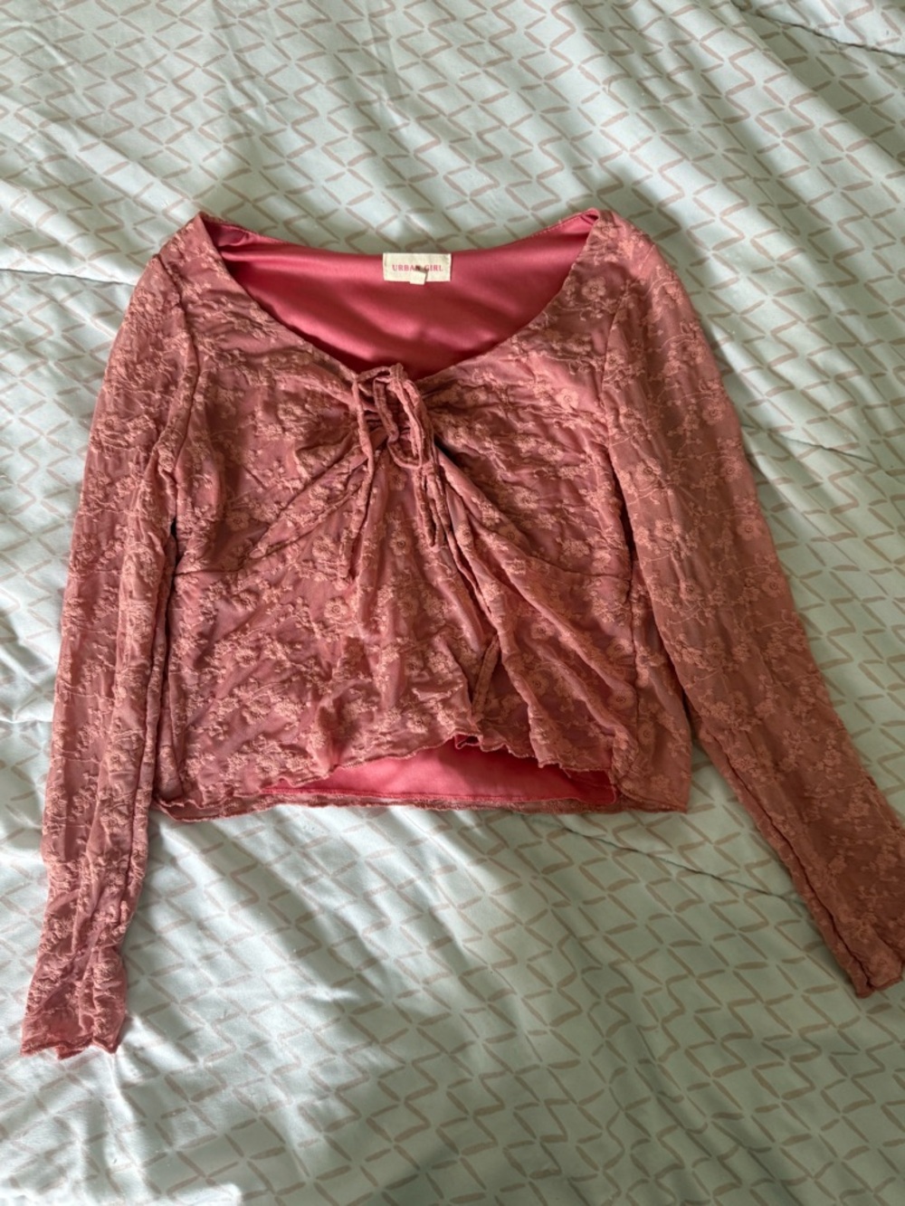 Tie-Front Lace Long Sleeve Blouse - Dusty Rose